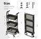 Mini 3 Tier Foldable Rolling Cart, Metal Utility Cart with Wheels, 3 Hanging Cups and 6 Hooks, Folding Trolley for Living Room, Kitchen, Bathroom, Bedroom and Office, Black (Small)